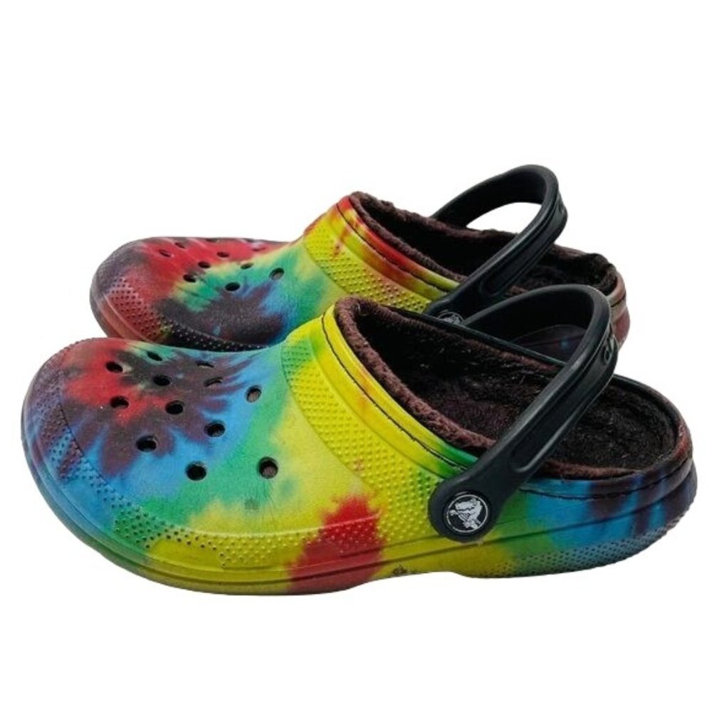 Crocs Tie Dye Clogs Womens 7 Mens 6 Sherpa Lined Winter Fall Unisex Slip On Red